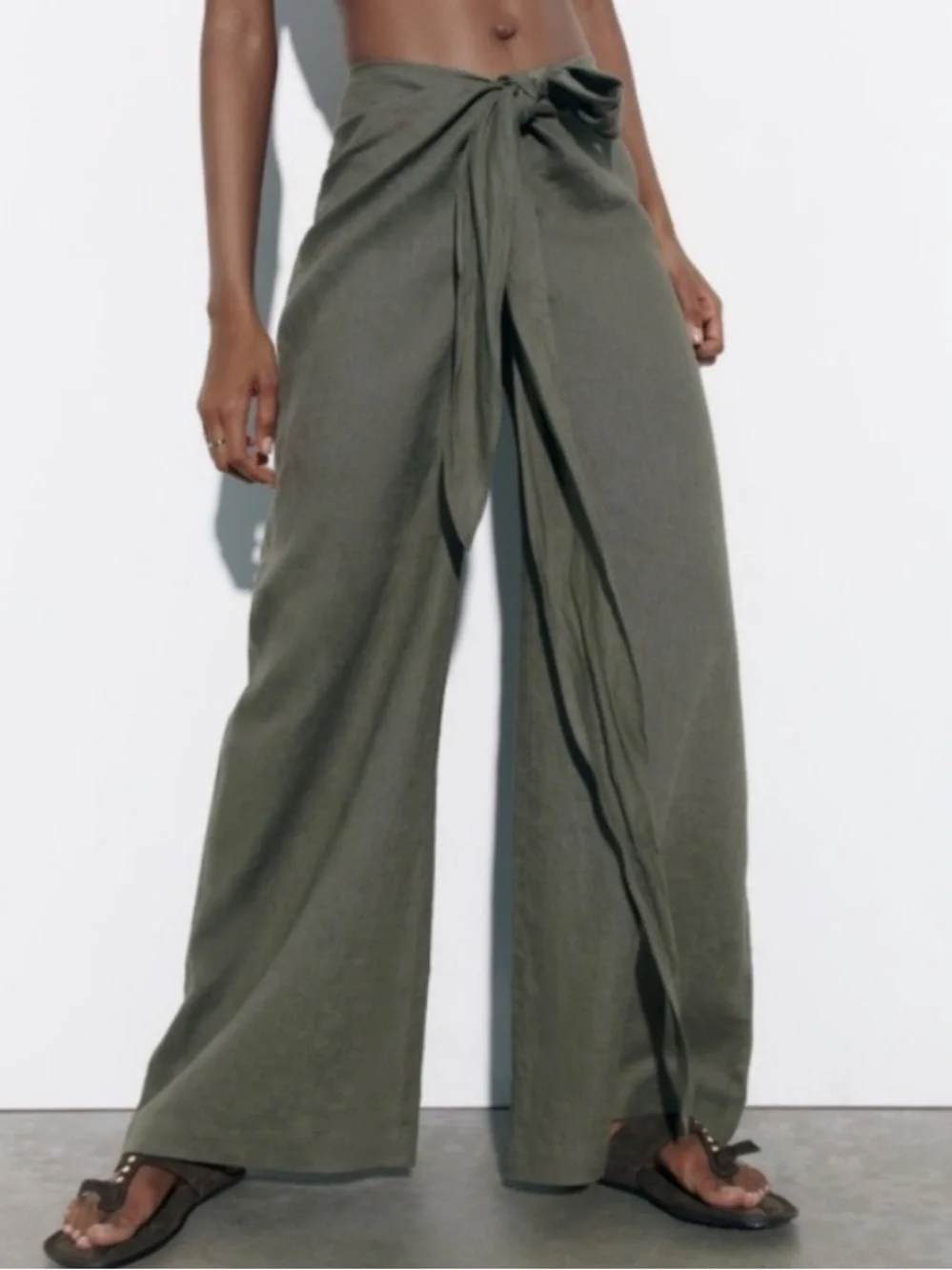 Zara Olive Green Linen Pareo Wide-Leg Pants